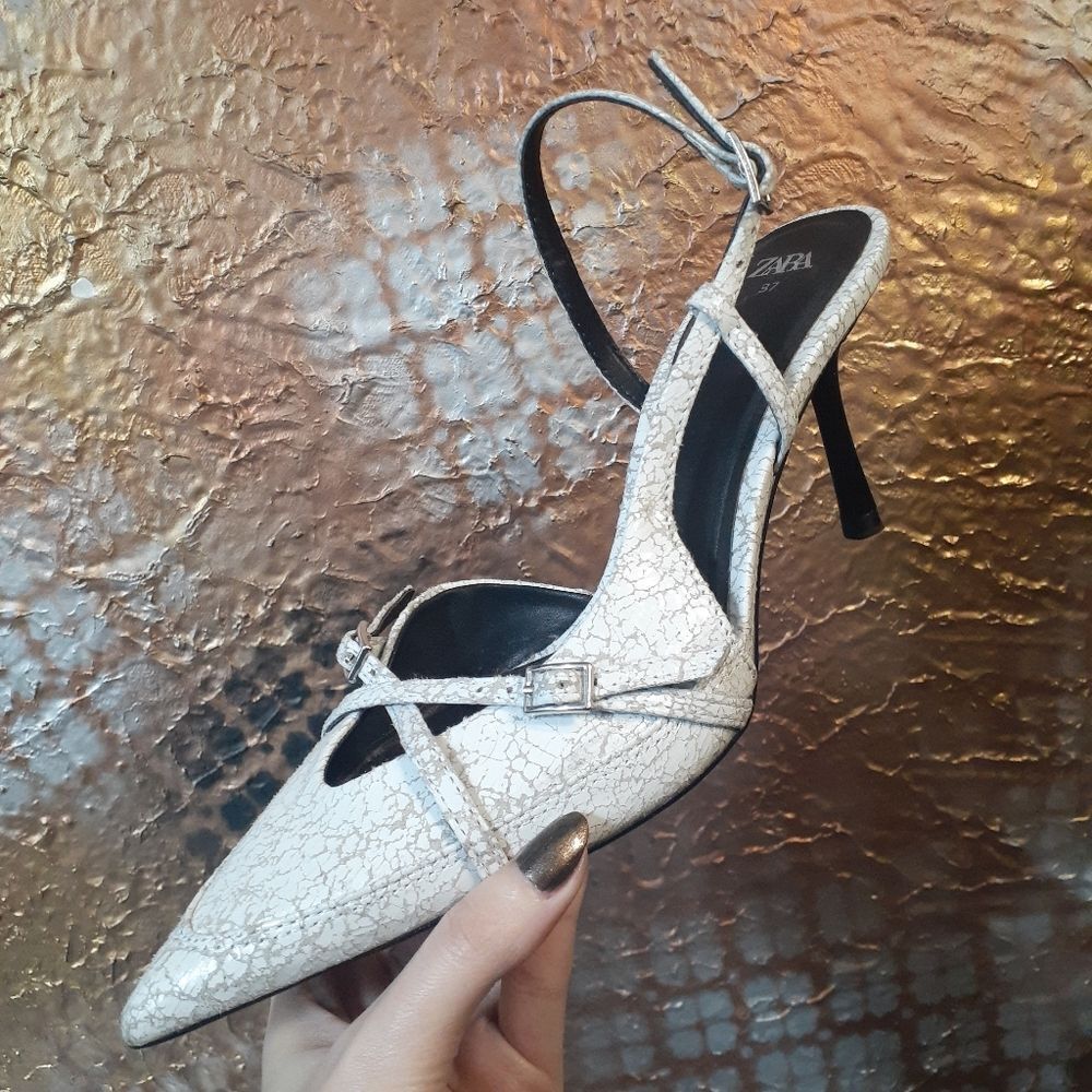 Zara White Faux Leather Cracked-Pattern Pointed Slingback Heels